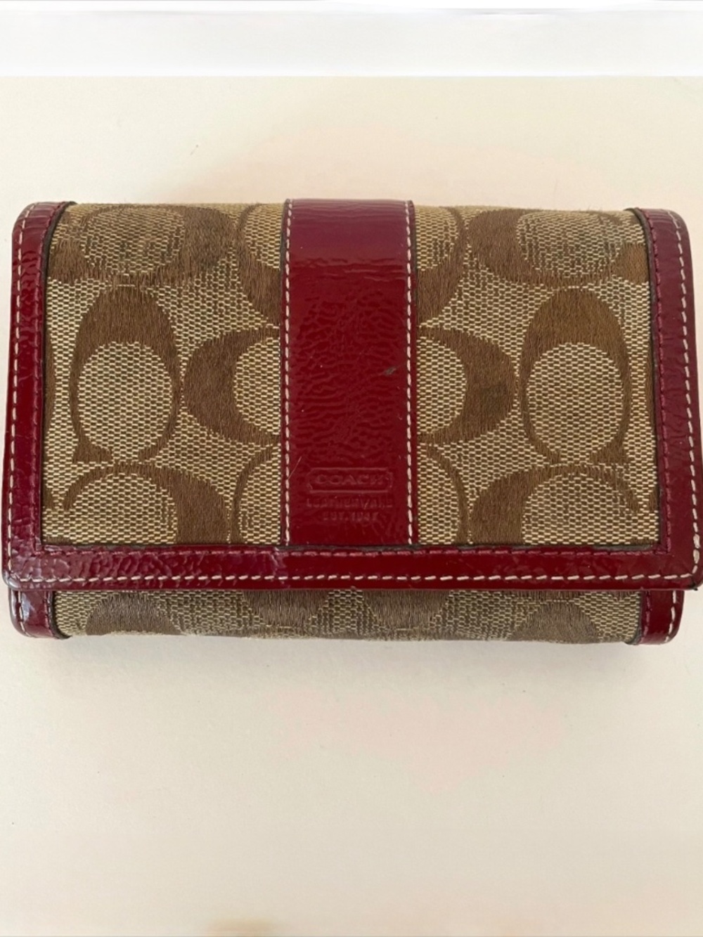 Coach Large Bifold Signature Canvas Burgundy Patent Leather Wallet